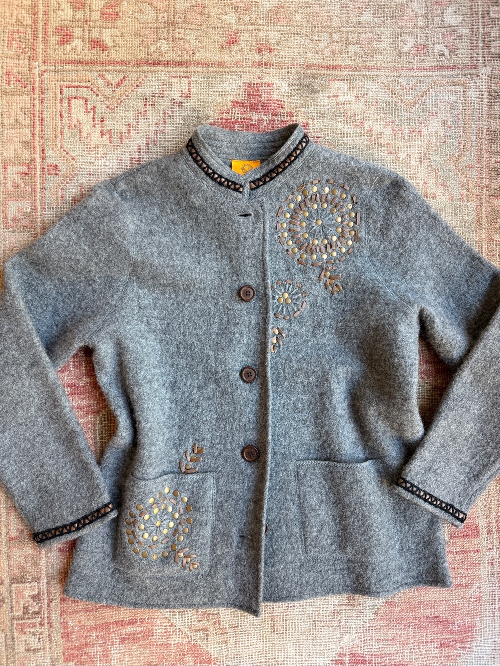 Fall Cottagecore Gray Embroidered Wool Button Jacket